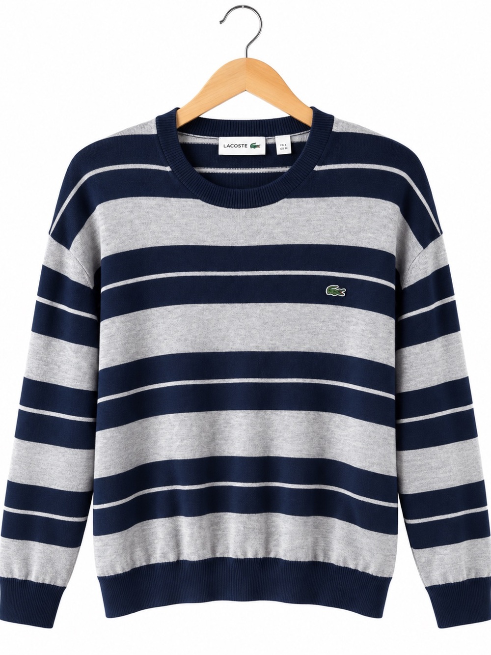 Lacoste Men’s Navy Gray Striped Crewneck Sweater 4XL Crocodile Logo Preppy